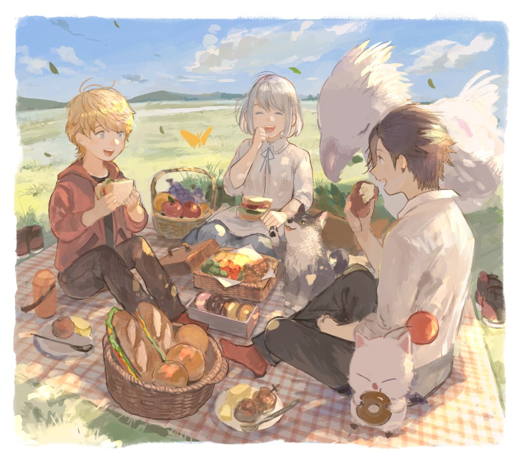 1girl, 2boys, ambrosia_(ff16), apple, black_hair, black_pants, blonde_hair, blue_eyes