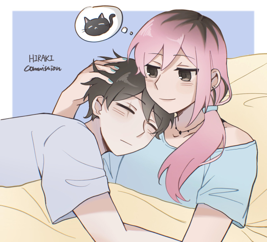 1boy, 1girl, ^_^, aged_up, alternate_hairstyle, animal, aoihiraki, artist_name, aubrey_(faraway)_(omori), aubrey_(omori), bare_arms, black_cat, black_eyes, black_hair, blue_background, blue_nails, blue_shirt, border, bra_strap, cat, chromatic_aberration, closed_eyes, closed_mouth, collarbone, commentary, commission, double-parted_bangs, earrings, english_commentary, flat_chest, grey_shirt, hair_behind_ear, hair_between_eyes, hair_over_shoulder, hair_tie, hand_on_another's_head, hand_up, head_on_another's_shoulder, head_on_pillow, head_rest, highres, hug, image_in_thought_bubble, jewelry, jitome, light_frown, long_hair, looking_at_another, low_side_ponytail, mewo, multicolored_hair, nail_polish, necklace, omori, outside_border, pillow, pink_hair, roots_(hair), scar, scar_across_eye, scar_on_face, shirt, short_hair, short_sleeves, side_ponytail, simple_background, single_bare_shoulder, single_off_shoulder, smile, streaked_hair, sunny_(omori), t-shirt, two-tone_hair, under_covers, upper_body, very_short_hair, white_border