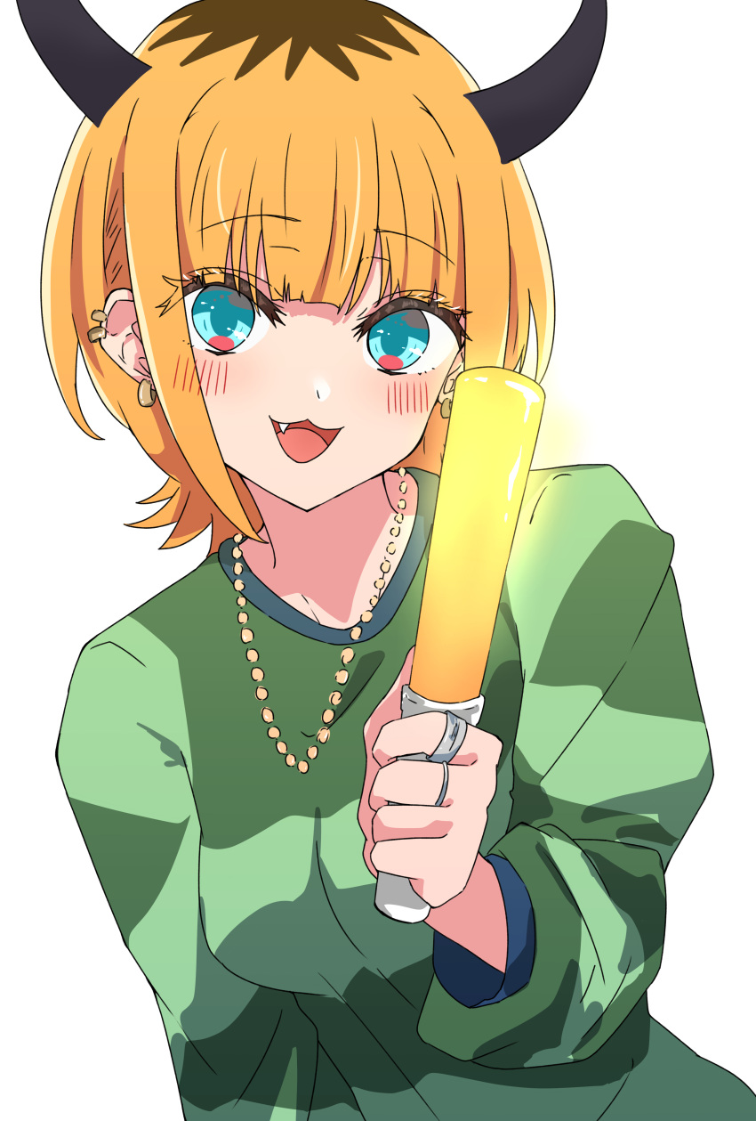 1girl, :3, absurdres, blonde_hair, blush, commentary_request, ear_piercing, fang