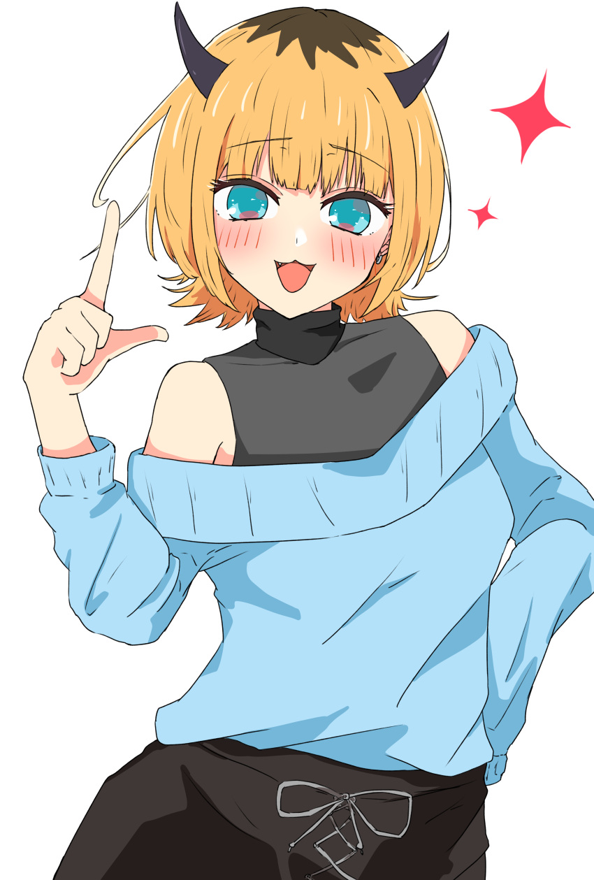 1girl, absurdres, blonde_hair, blue_eyes, blue_sweater, commentary_request, fang, hand_on_own_hip