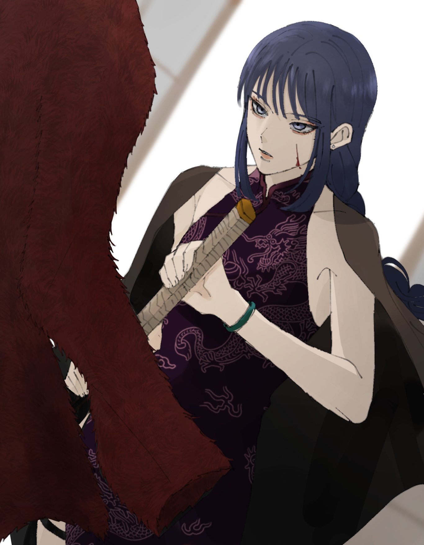 1girl, black_hair, blood, blood_on_face, blue_eyes, boruto:_two_blue_vortex, braid, brown_cape