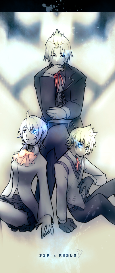 1girl, 2boys, aqua, aqua_(kingdom_hearts), arisato_minato, arisato_minato_(cosplay), bow, choker