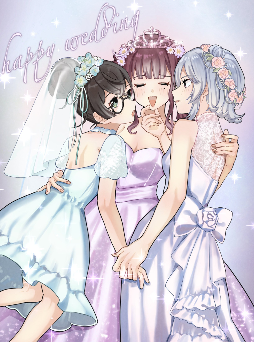 3girls, bare_arms, black_hair, blue_dress, blue_flower, blush, bridal_veil, cevio