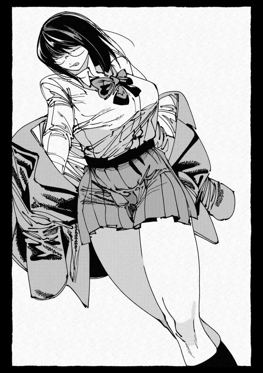 1girl, :p, black_border, border, breasts, collared_shirt, dutch_angle, hachinuki_tessei, highres, jimiko, jitome, large_breasts, long_sleeves, looking_to_the_side, mob_face, moire, original, pleated_skirt, removing_jacket, round_eyewear, school_uniform, semi-rimless_eyewear, she_(hachinuki_tetsuyo), shirt, skirt, solo, tongue, tongue_out, under-rim_eyewear