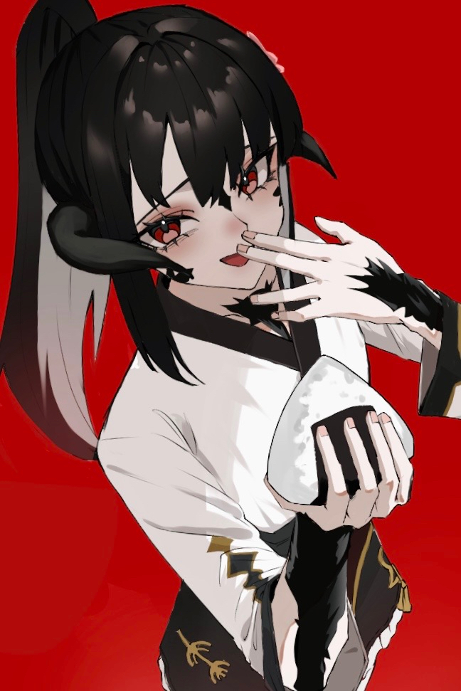 1other, au_ra, black_hair, black_horns, black_scales, commission, commissioner_upload, dragon_horns, final_fantasy, final_fantasy_xiv, food, hair_ornament, high_ponytail, holding, holding_food, horns, izumi_tol_amulius, japanese_clothes, kumi_(nikke985427849), long_hair, looking_at_viewer, onigiri, original, ponytail, red_background, red_eyes, scales, skeb_commission, solo, solo_focus, warrior_of_light_(ff14)