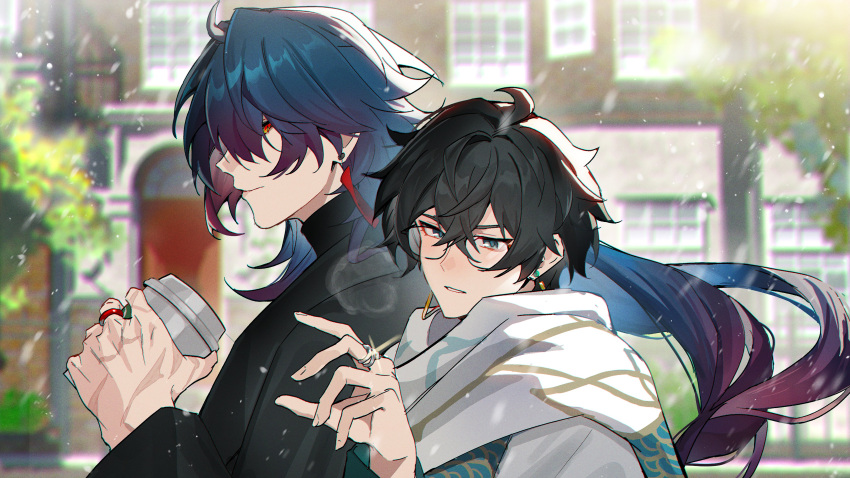 2boys, absurdres, arm_up, black_coat, black_hair, blade_(honkai:_star_rail), building, coat