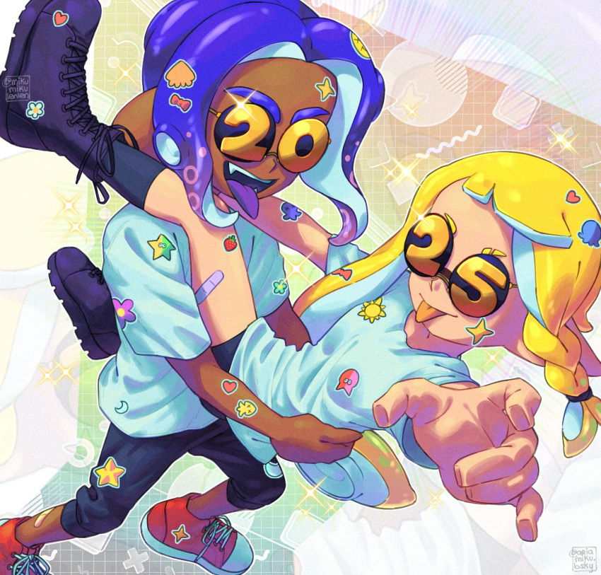 1boy, 1girl, 2025, ariamikukanzaki, bike_shorts, black_boots, black_pants, black_shirt, black_socks, blonde_hair, blue_hair, boots, breasts, carrying, carrying_person, colored_tongue, commentary, dark-skinned_male, dark_skin, english_commentary, eyebrow_cut, gradient_hair, highres, hirooooo_(splatoon), inkling, multicolored_hair, octoling, open_mouth, pants, purple_hair, purple_tongue, reaching, reaching_towards_viewer, red_shoes, shirt, shoes, signature, small_breasts, smile, sneakers, socks, splatoon_(series), splatoon_3, sticker, sticker_on_arm, sticker_on_face, sticker_on_leg, sunglasses, t-shirt, tongue, tongue_out, veronika_(splatoon), white_shirt