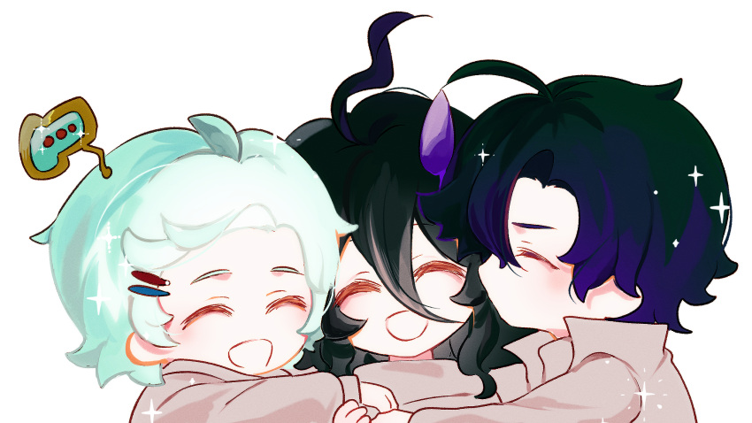 3boys, :d, ^_^, aged_down, ahoge, arrow_(symbol), black_hair, blue_hair
