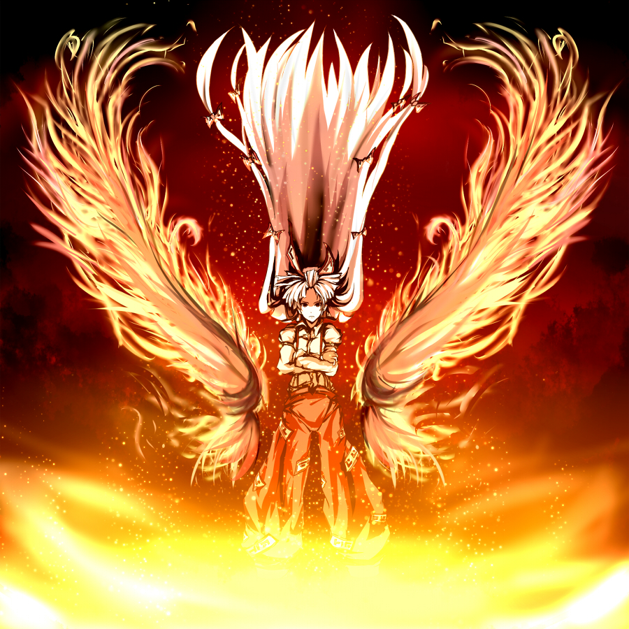 bow, crossed_arms, fiery_wings, fire, fire_wings, floating_hair, frown, fujiwara_no_mokou