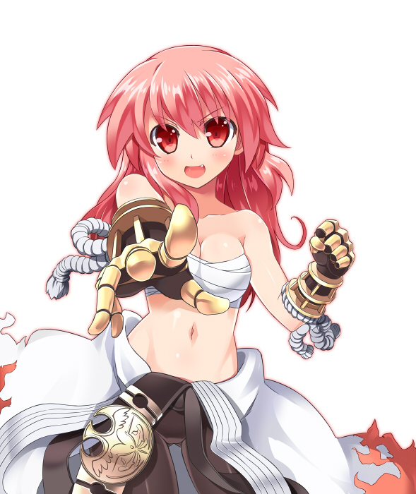 bare_shoulders, blush, breasts, chibi_(nekomimimi), cleavage, fang, gauntlets, long_hair