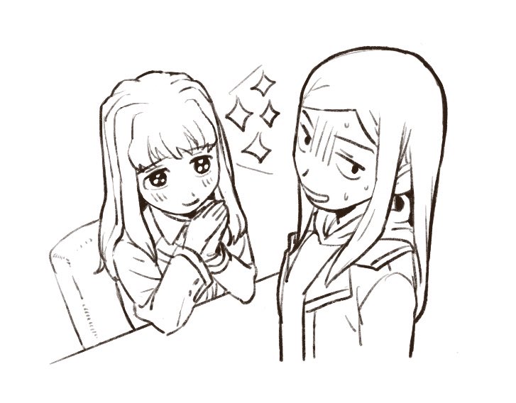 2girls, blush, fujino_shizuru, fuuka_academy_school_uniform, greyscale, hood, hoodie, kuga_natsuki, long_hair, looking_at_another, monochrome, multiple_girls, my-hime, open_mouth, own_hands_together, sachison, school_uniform, smile, sparkle, sweat