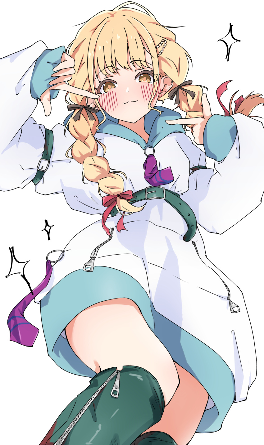 1girl, absurdres, belt, blonde_hair, blush, boots, braid, closed_mouth