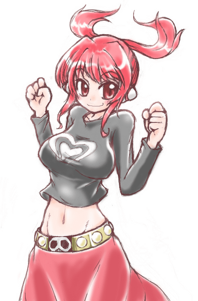 kae, midriff, red_eyes, red_hair, redhead, robot_ears, sotto, suguri