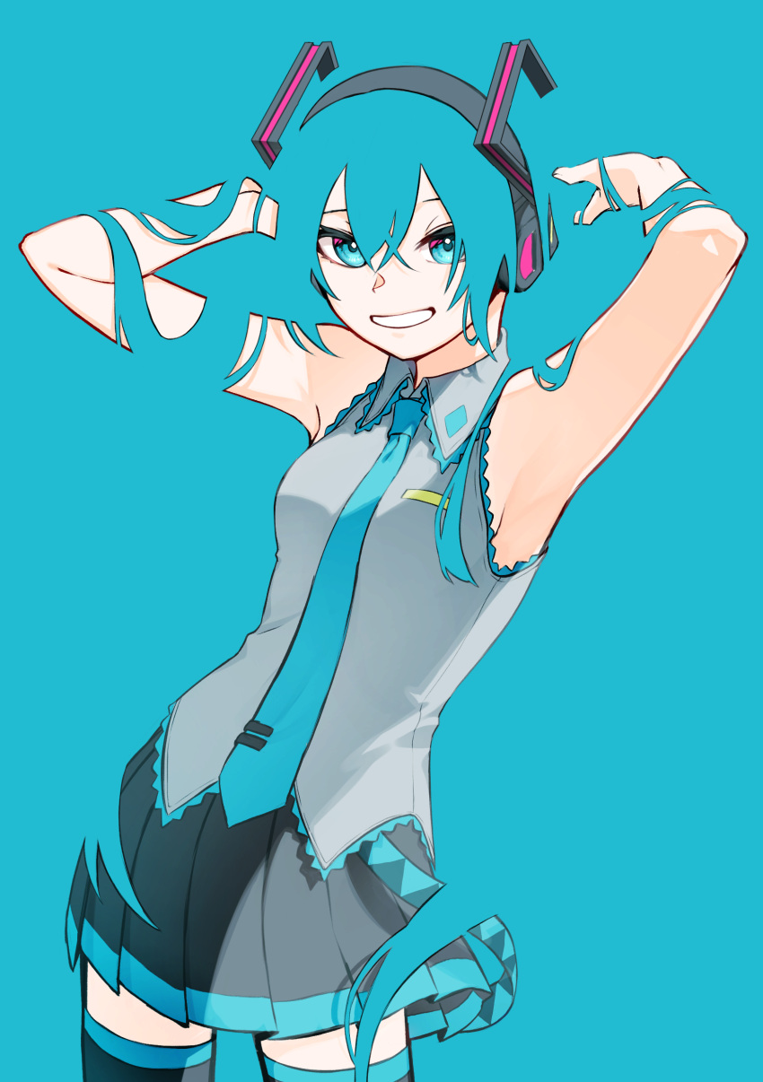 1girl, absurdres, aqua_background, aqua_eyes, aqua_hair, aqua_necktie, aqua_theme, armpits