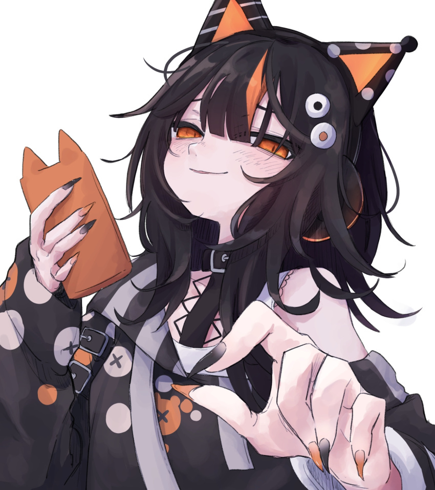 1girl, animal_ear_headphones, animal_ears, black_collar, black_hair, black_nails, black_sweater, cat_ear_headphones