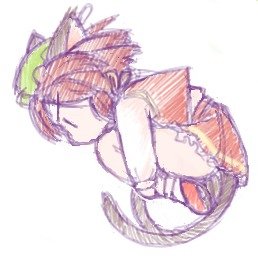 animal_ears, brown_hair, cat_ears, cat_tail, chen, hat, jumping, lowres, multiple_tails, short_hair, solo, sotto, tail, touhou