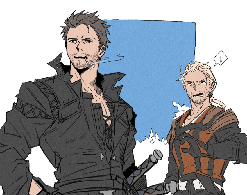 2boys, armor, beard_stubble, black_gloves, black_jacket, blonde_hair, blue_background, border