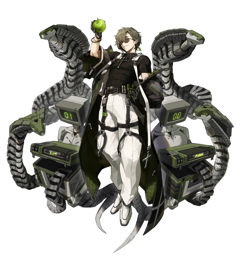 1boy, apple, belt, black_coat, black_gloves, black_shirt, brown_hair, coat