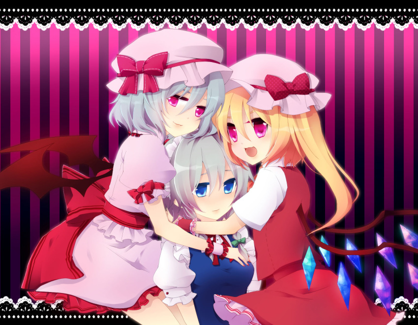 bad_id, bat_wings, blonde_hair, blue_eyes, blue_hair, braid, doily, flandre_scarlet