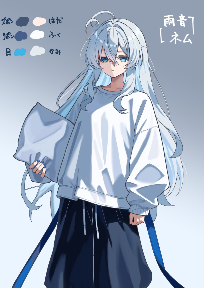 123haruno_oto, 1girl, :|, ahoge, arms_at_sides, black_shorts, blue_eyes, closed_mouth