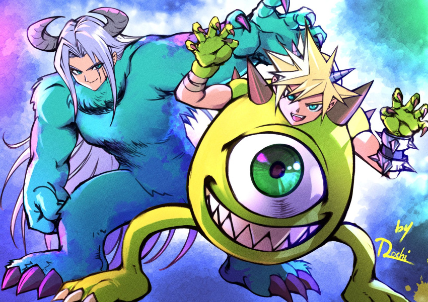 2boys, aqua_eyes, artist_name, blonde_hair, claw_pose, cloud_strife, commentary, cosplay, english_commentary, final_fantasy, final_fantasy_vii, full_body, grey_hair, hair_between_eyes, highres, horns, james_p._sullivan, james_p._sullivan_(cosplay), male_focus, mike_wazowski, mike_wazowski_(cosplay), mochi_mangaka, multiple_boys, open_mouth, parted_bangs, sephiroth, sharp_teeth, short_hair, smirk, spiky_hair, teeth