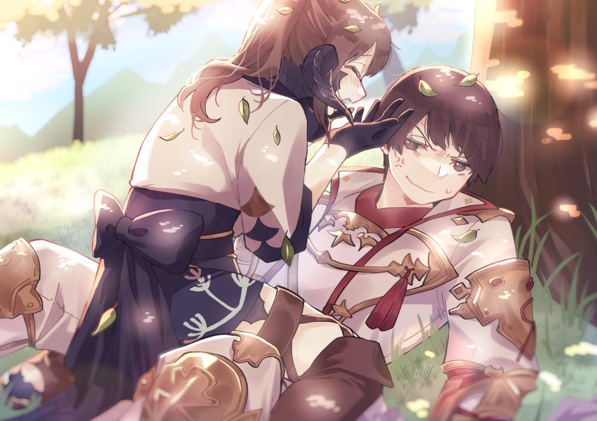 1boy, 1other, armor, asahi_sas_brutus, au_ra, black_hair, black_scales, blush