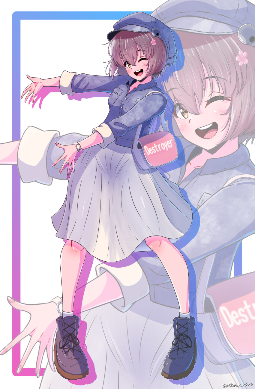 :d, absurdres, ankle_socks, bag, black_boots, blue_border, blue_hat, blush