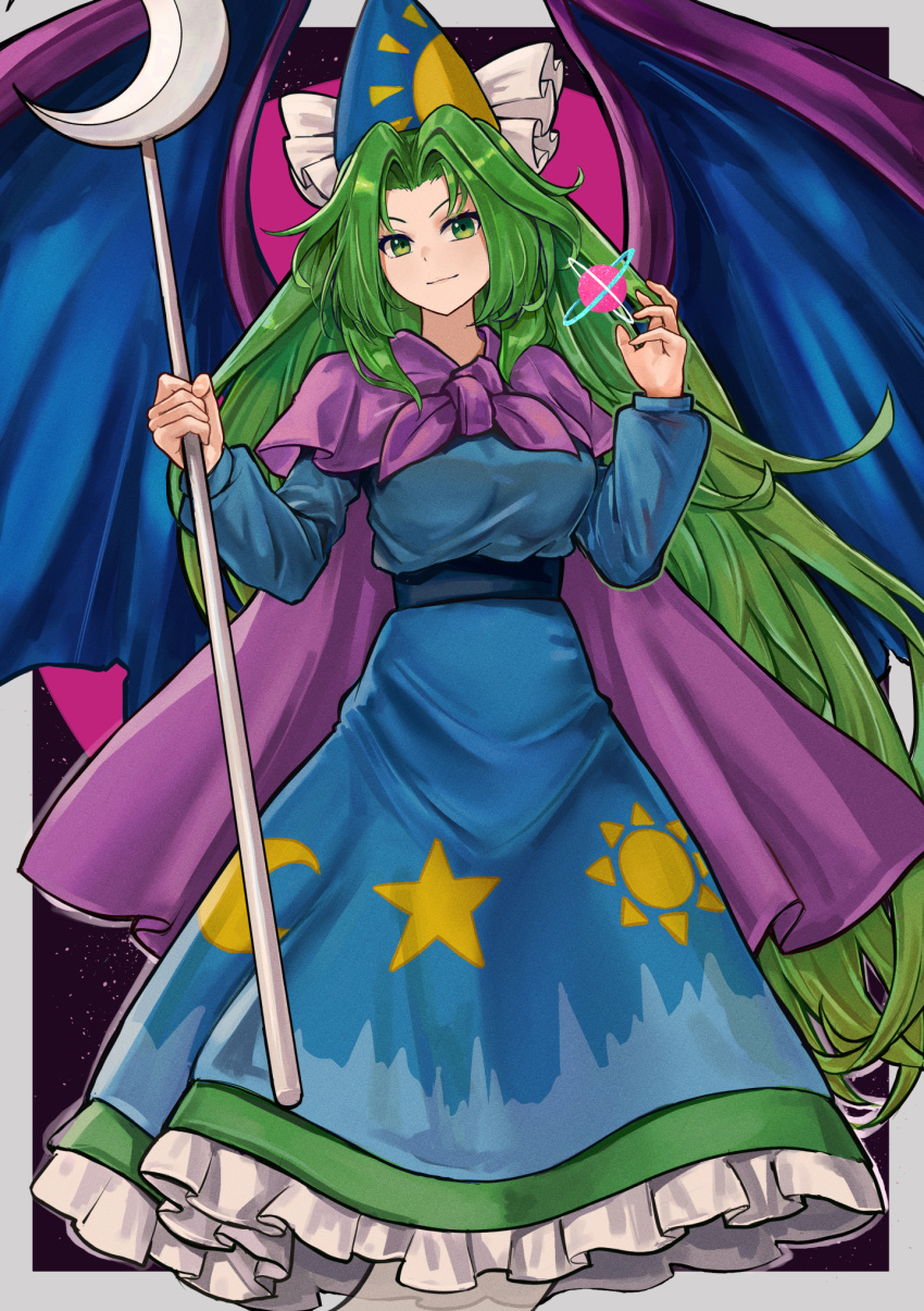 1girl, blue_hat, breasts, cape, closed_mouth, commentary, crescent_print, ghost_tail