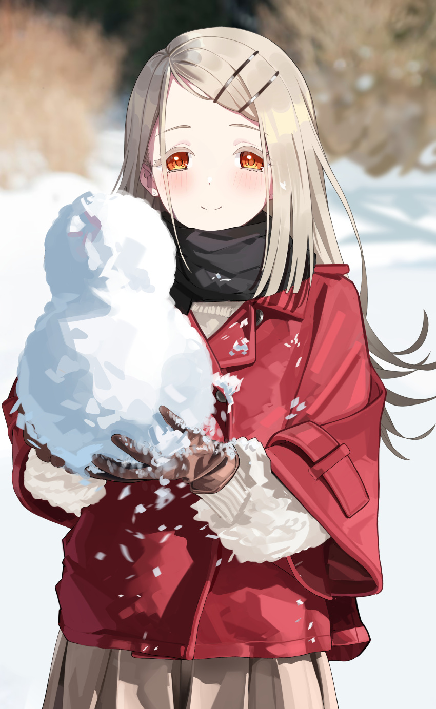 1girl, absurdres, aweqdre, black_scarf, blonde_hair, blurry, blurry_background, blush
