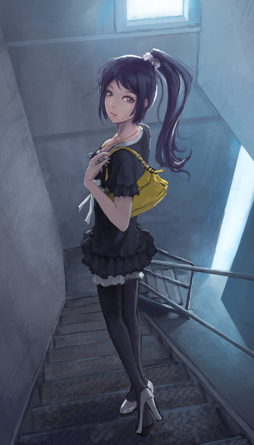 bakemonogatari, black_hair, black_legwear, gjred, highres, legs, legwear_under_shorts, lips