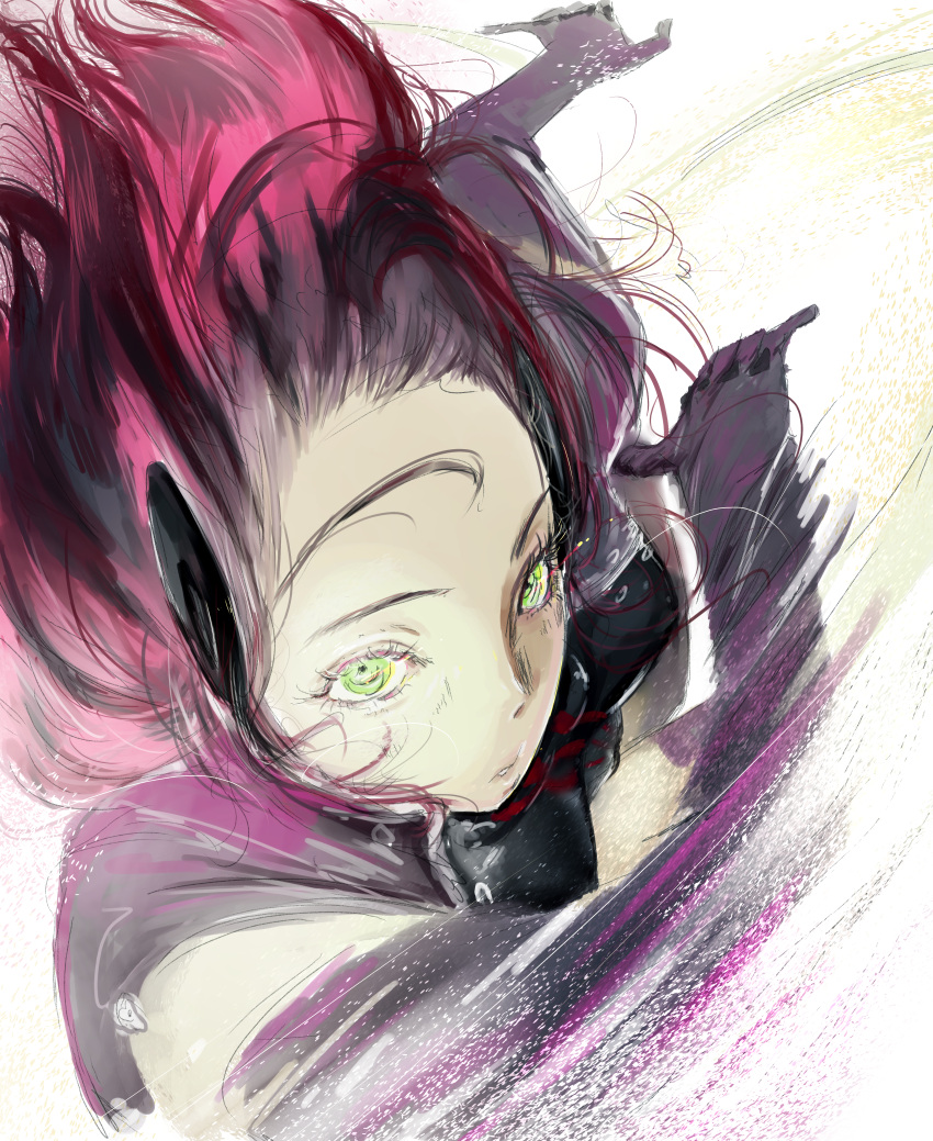 1girl, absurdres, charging_forward, commentary, elbow_gloves, floating_hair, forehead, gloves