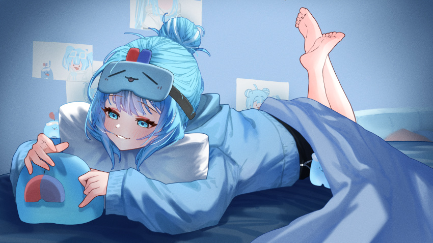 1girl, arahashi_tabi, barefoot, black_shorts, blanket, blue_eyes, blue_hair, blue_hoodie