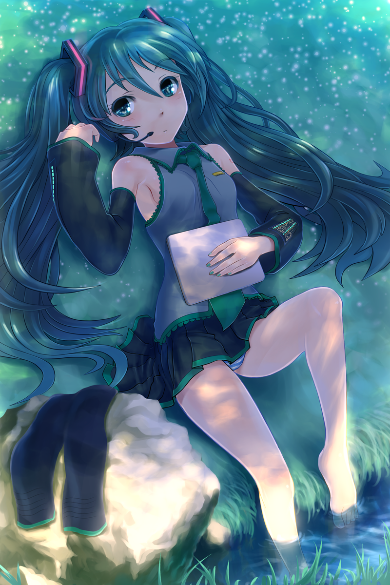aqua_eyes, aqua_hair, armpits, barefoot, colored_eyelashes, detached_sleeves, face, feet_in_water