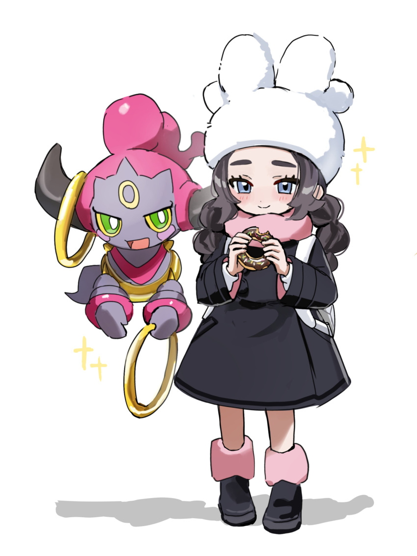 1girl, absurdres, ansha_(pokemon), black_coat, black_dress, black_shoes, blue_eyes, blush