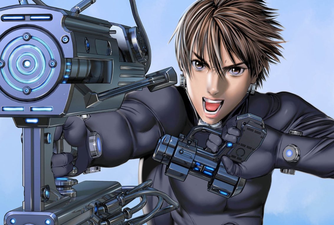 1boy, black_bodysuit, bodysuit, brown_eyes, brown_hair, dual_wielding, finger_on_trigger, gantz