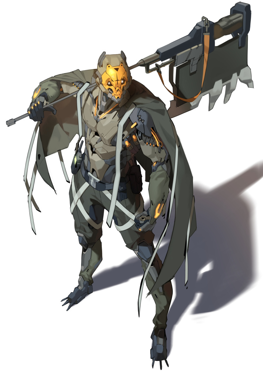1other, absurdres, armor, black_gloves, brown_cloak, cloak, cyborg, esnowg, full_armor, gloves, glowing, glowing_eyes, gold_mask, highres, holding, holding_polearm, holding_weapon, mask, original, polearm, shadow, shoes, simple_background, skull_mask, solo, spiked_shoes, spikes, weapon, white_background, yellow_eyes
