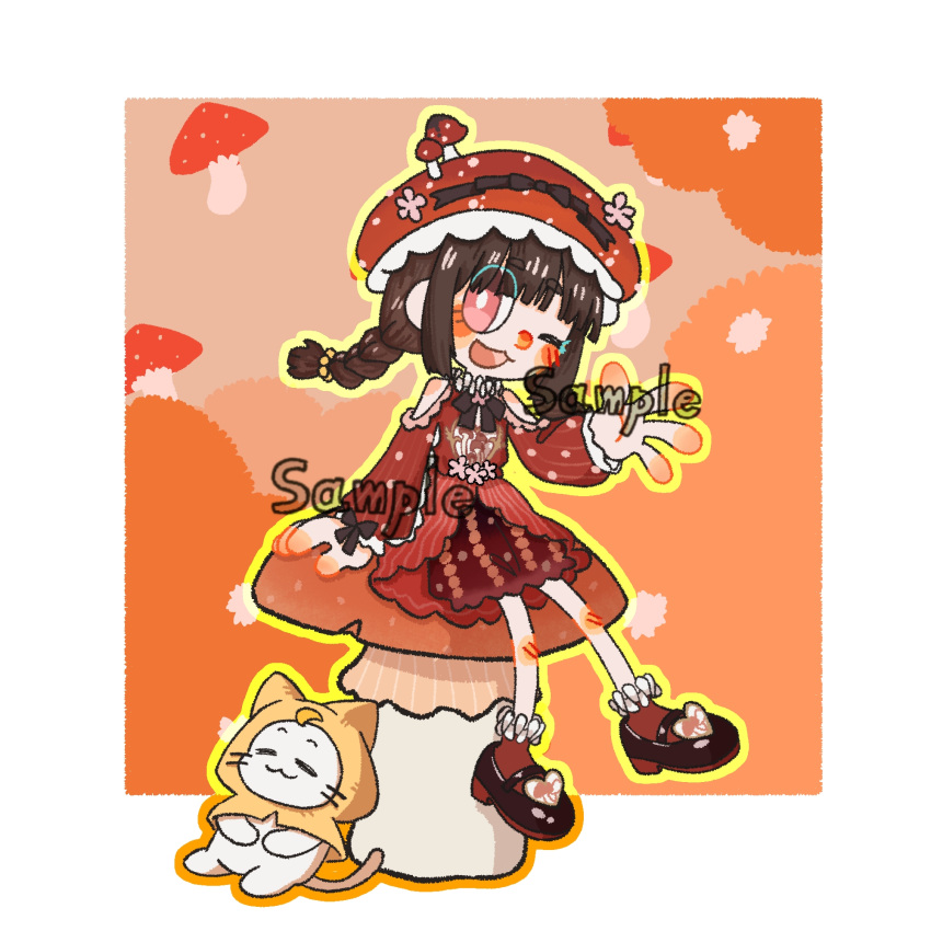 1girl, ahoge, animal, autumn, bare_legs, bare_shoulders, beads, black_bow, black_bowtie, black_shoes, blunt_bangs, blunt_ends, blush_stickers, border, bow, bowtie, braid, bright_pupils, brooch, brown_hair, bubble_skirt, bus, cat, chibi, chinese_commentary, cloak, closed_mouth, clothed_animal, clothing_cutout, commentary_request, dress, ear_covers, eyes_visible_through_hair, flower, flower_brooch, frilled_anklet, frilled_headwear, frilled_sleeves, frills, glimmering_forest_(infinity_nikki), hair_beads, hair_ornament, happy, hat, hat_bow, hat_flower, hat_ornament, heart, heart_print, high_heels, highres, hood, hood_up, hooded_cloak, infinity_nikki, jewelry, knees, leaning, long_hair, long_sleeves, looking_at_viewer, low_twin_braids, mary_janes, miniskirt, momo_(nikki), motor_vehicle, mushroom_hat, mushroom_hat_ornament, neck_ruff, nikki_(series), ningmengyezijun91246, on_mushroom, open_mouth, orange_background, outline, outside_border, pink_eyes, pink_flower, print_dress, puffy_long_sleeves, puffy_sleeves, pumps, red_dress, red_hat, red_skirt, red_socks, sample_watermark, shoes, short_dress, shoulder_cutout, sitting, skirt, skirt_under_dress, smile, socks, striped_clothes, striped_dress, twin_braids, vertical-striped_clothes, vertical-striped_dress, vertical-striped_sleeves, watermark, waving, whiskers, white_border, white_cat, white_pupils, yellow_cloak, yellow_outline