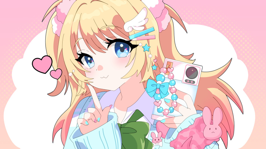 1girl, :3, absurdres, aqua_cardigan, aqua_nails, blonde_hair, blue_eyes, bow