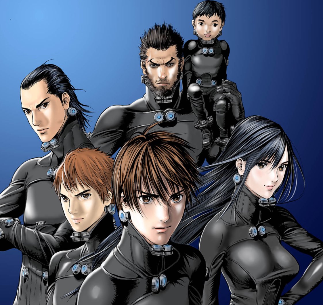 1girl, 5boys, beard, black_eyes, black_hair, blue_background, bodysuit, breasts