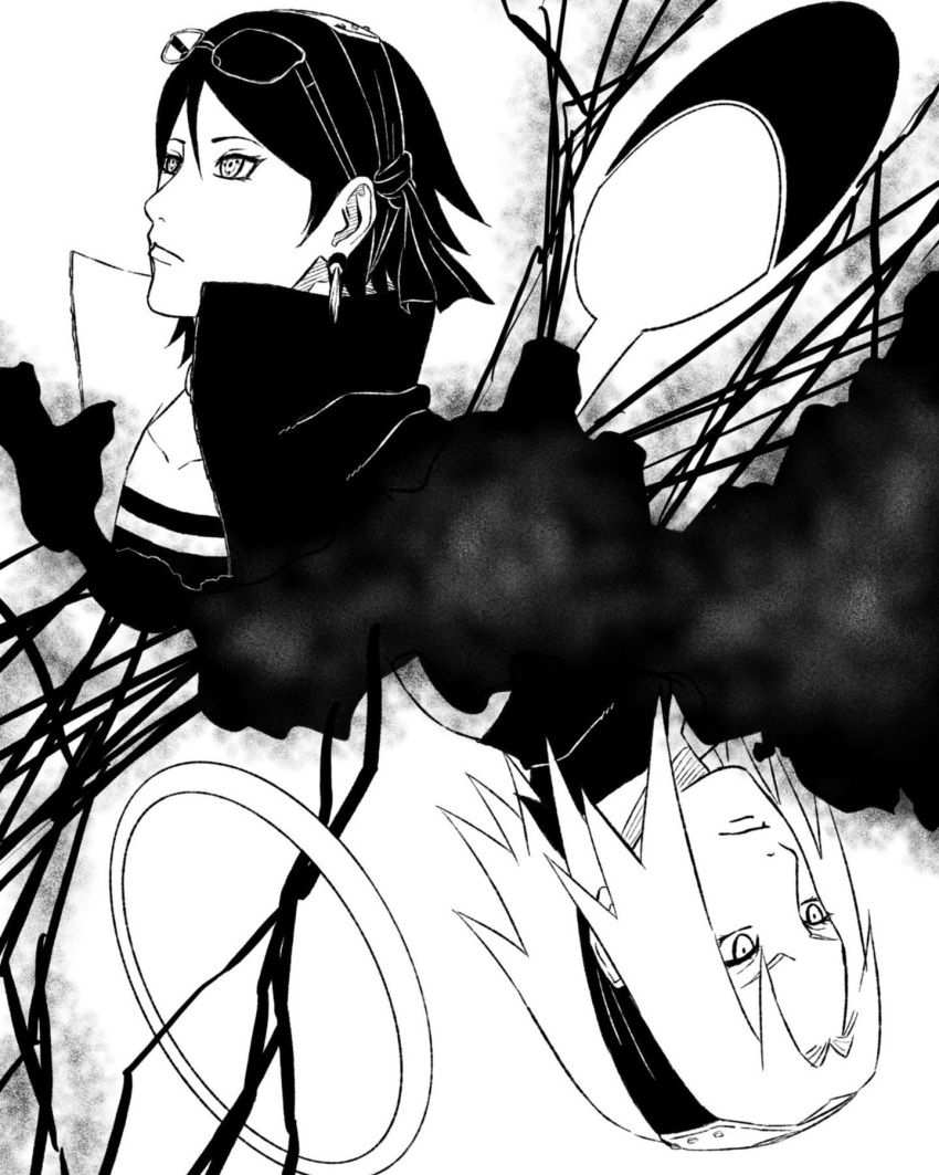 2girls, boruto:_two_blue_vortex, brentonsart, commentary, earrings, english_commentary, eyewear_on_head, flat_chest