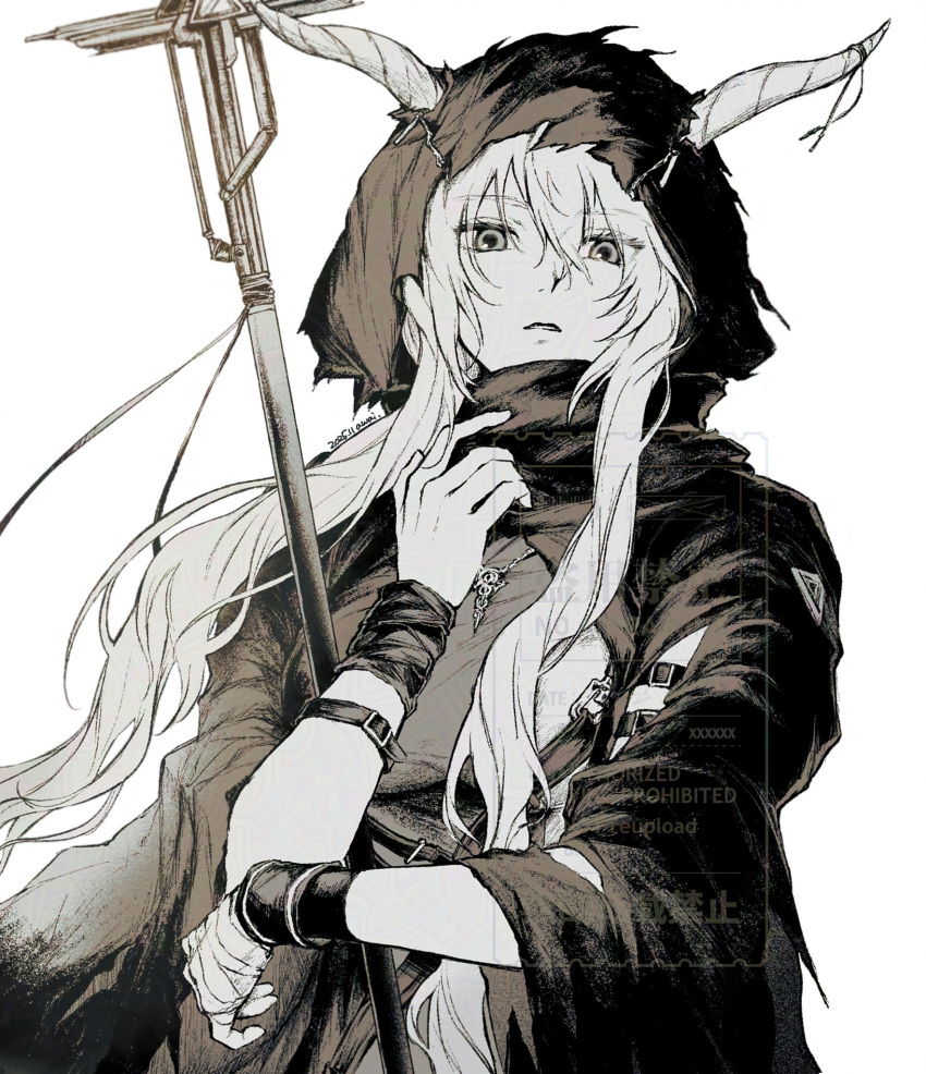 1girl, arknights, aw0lowa, belt, commentary_request, hair_between_eyes, hand_up, highres, holding, holding_weapon, hood, hood_up, horns, jewelry, long_hair, looking_at_viewer, monochrome, necklace, shining_(arknights), simple_background, solo, upper_body, weapon, white_background