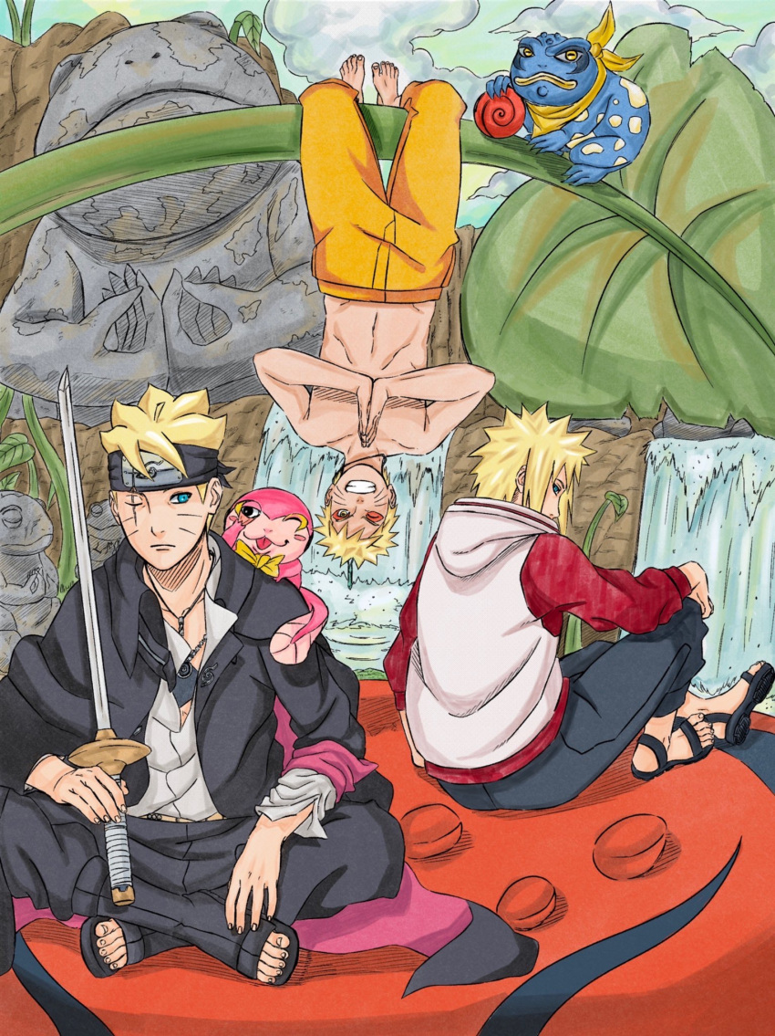 3boys, black_headband, blonde_hair, blue_eyes, boruto:_two_blue_vortex, brentonsart, cliff, clouds