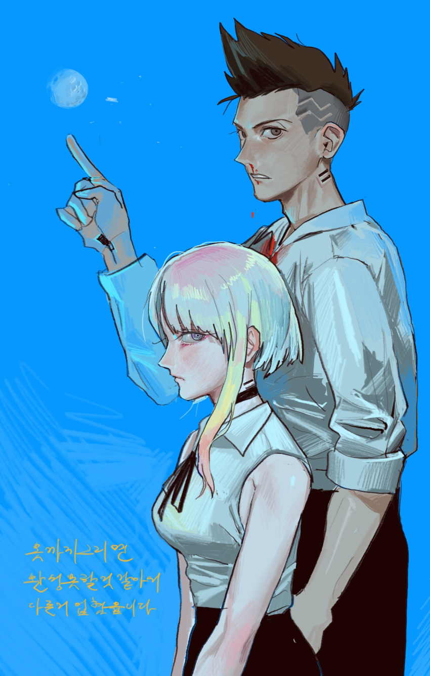 1boy, 1girl, bare_shoulders, black_choker, black_pants, black_ribbon, black_skirt, blonde_hair