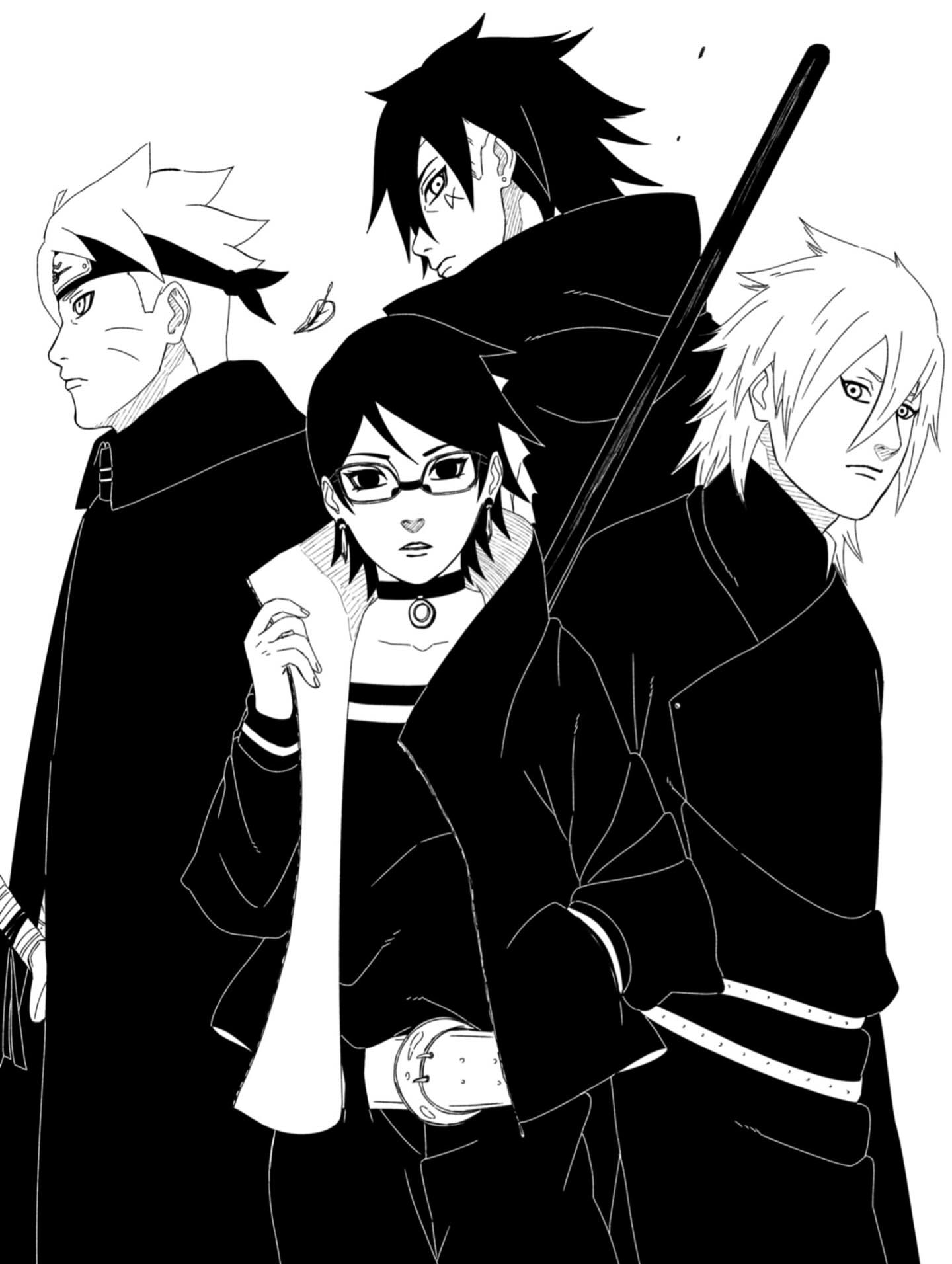 1girl, 3boys, belt, boruto:_two_blue_vortex, brentonsart, choker, commentary, earrings
