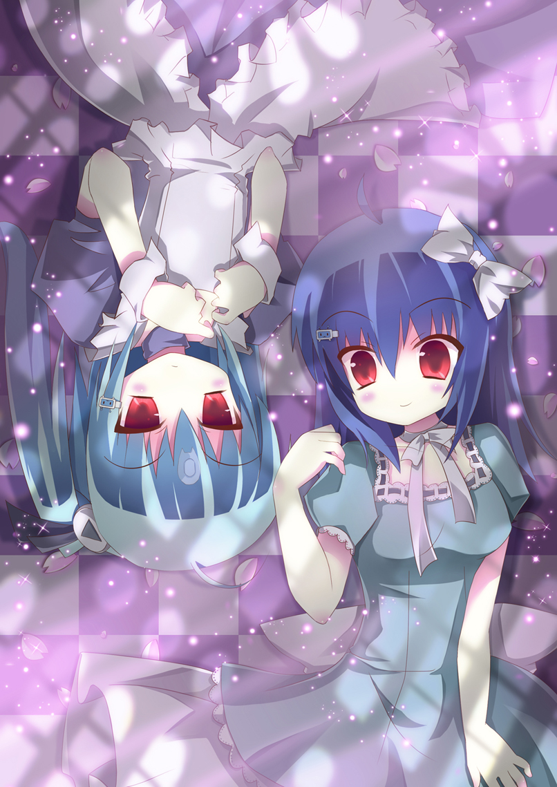 ahoge, aqua_hair, bili_bili_douga, bili_girl_22, bili_girl_33, blue_hair, blush, checkered