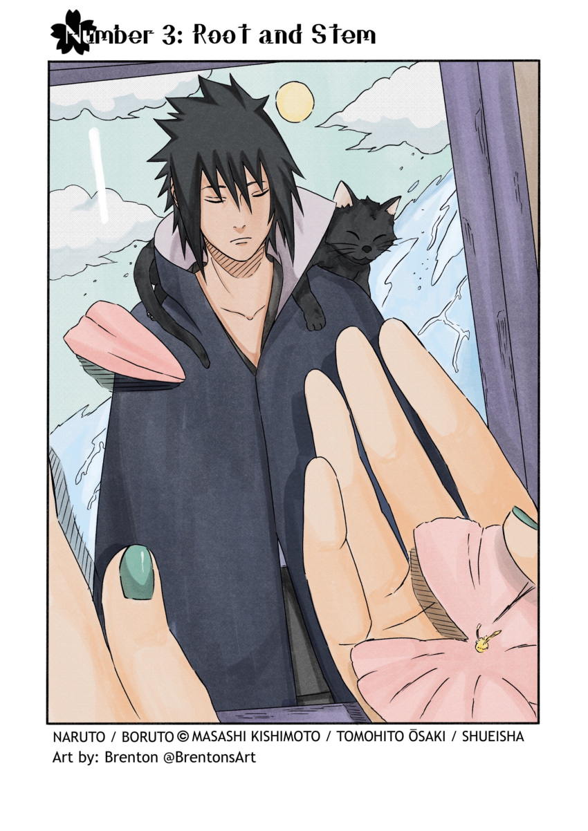absurdres, artist_name, black_cat, black_cloak, brentonsart, cat, cloak, closed_eyes