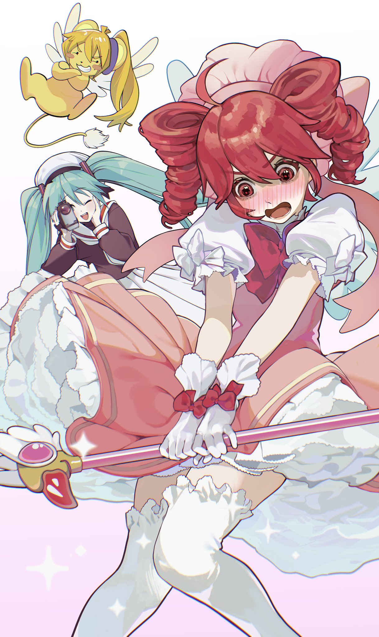 3girls, ahoge, akita_neru, aqua_hair, benkeinazuna, bow, cardcaptor_sakura, closed_eyes
