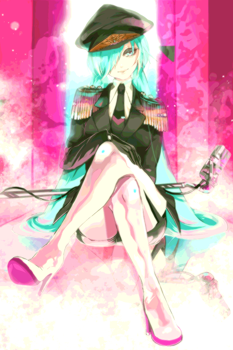 aqua_eyes, aqua_hair, crossed_legs, full_body, gloves, hair_over_one_eye, hat, hatsune_miku