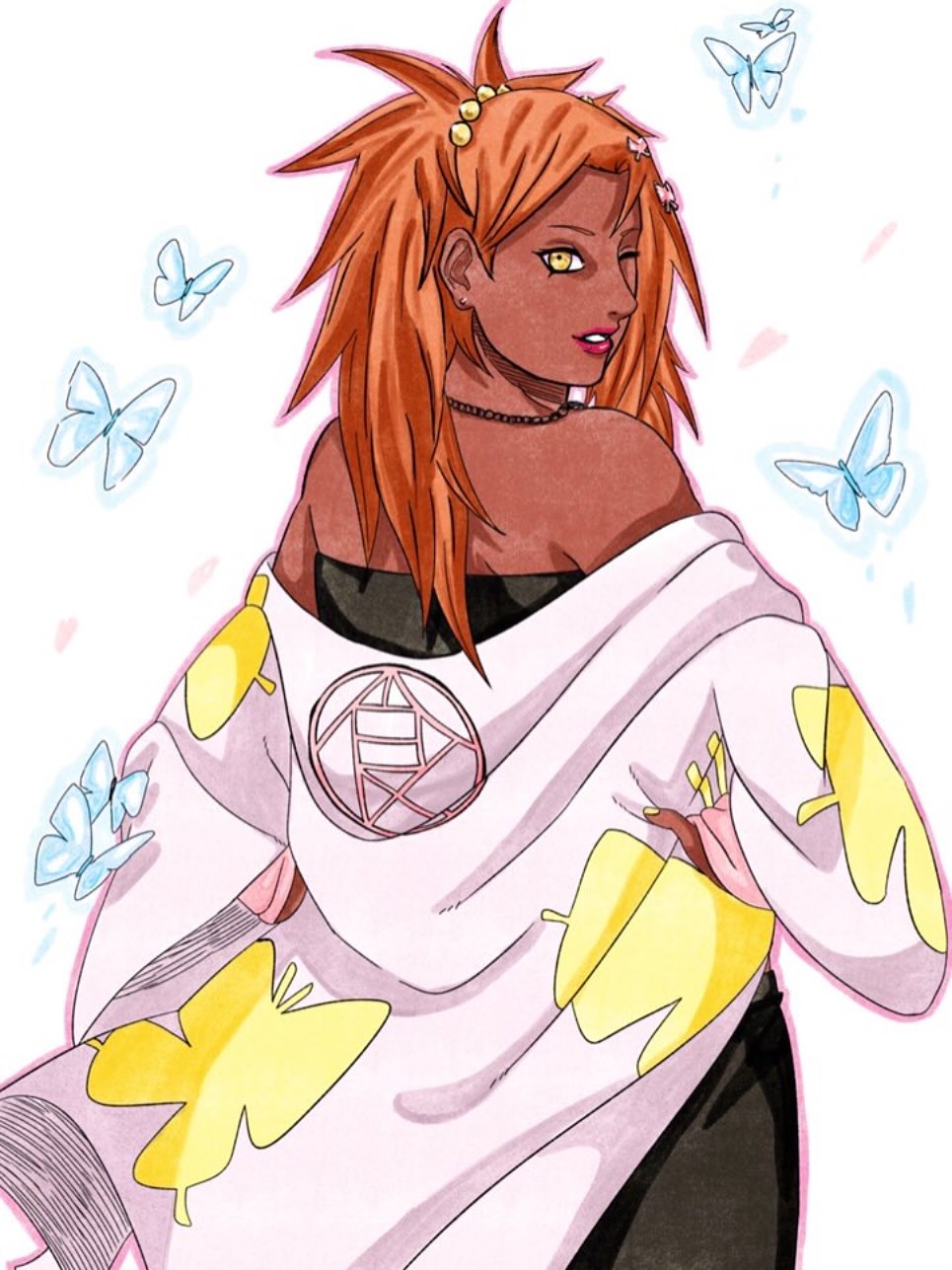 1girl, akimichi_chouchou, animal_print, bare_shoulders, boruto:_two_blue_vortex, brentonsart, bug, butterfly