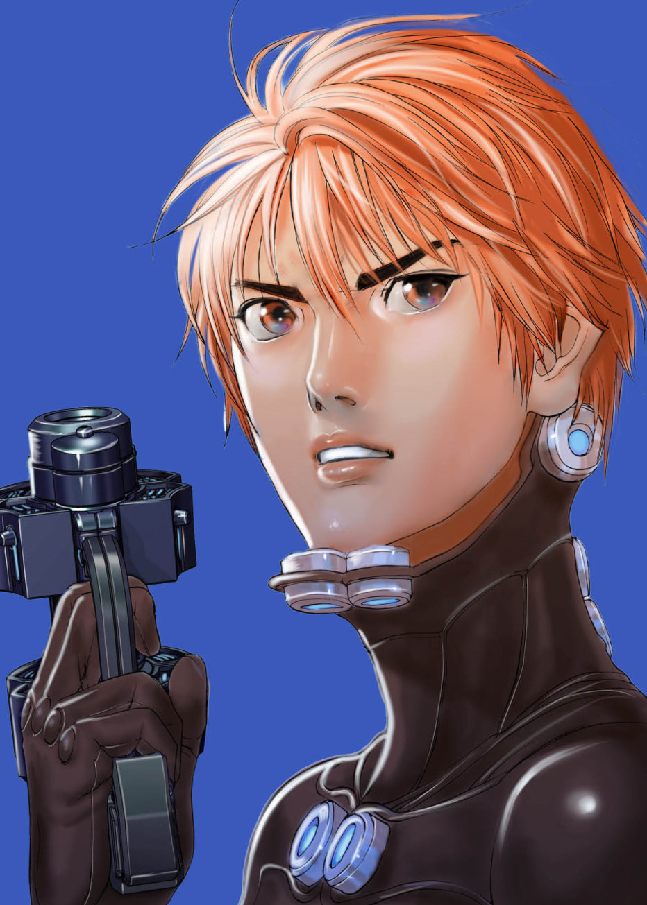 1boy, black_bodysuit, blue_background, bodysuit, brown_eyes, brown_hair, finger_on_trigger, gantz